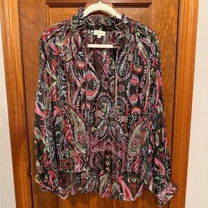 Elan Black Paisley Ruffle-Neck Blouse with Pink & Green Accents